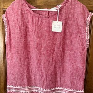 Sigrid Olsen Pink Linen-Blend Sleeveless Tunic with White Embroidery